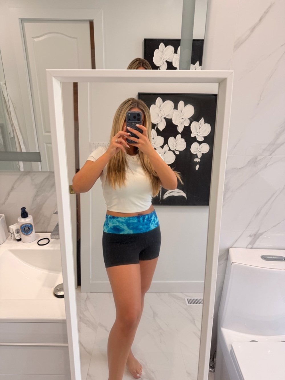 La SENZA Black High-Waist Shorts with Blue Tie-Dye Waistband